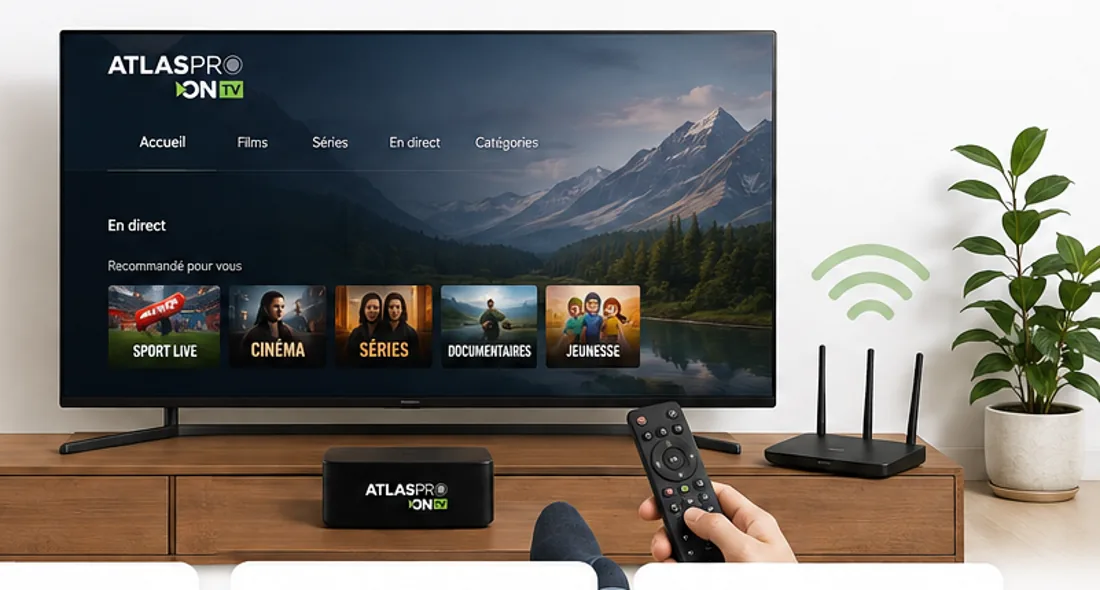 Télévision Atlas Pro ONTV, box, télécommande et routeur Wi-Fi pour préparer l’installation